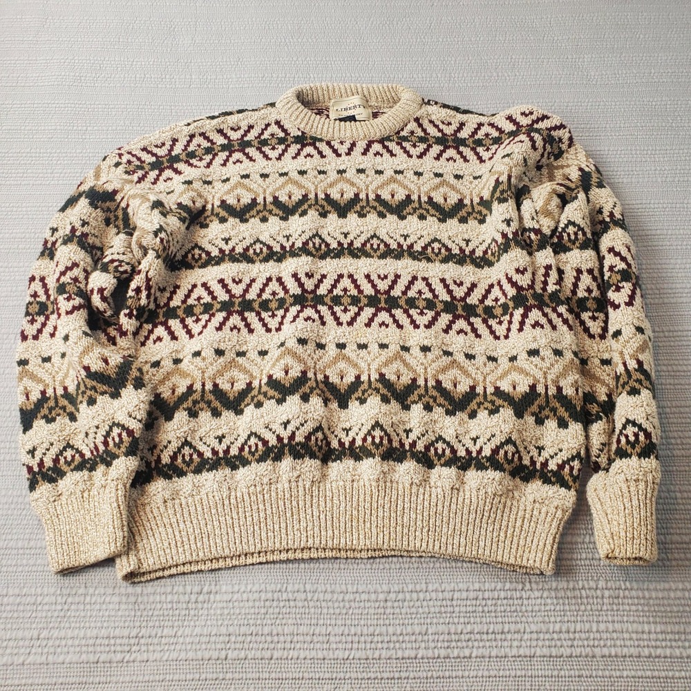 Liberty by Old Glory Mens XXL Fair Isle Cotton Knit Crewneck Sweater Beige USA